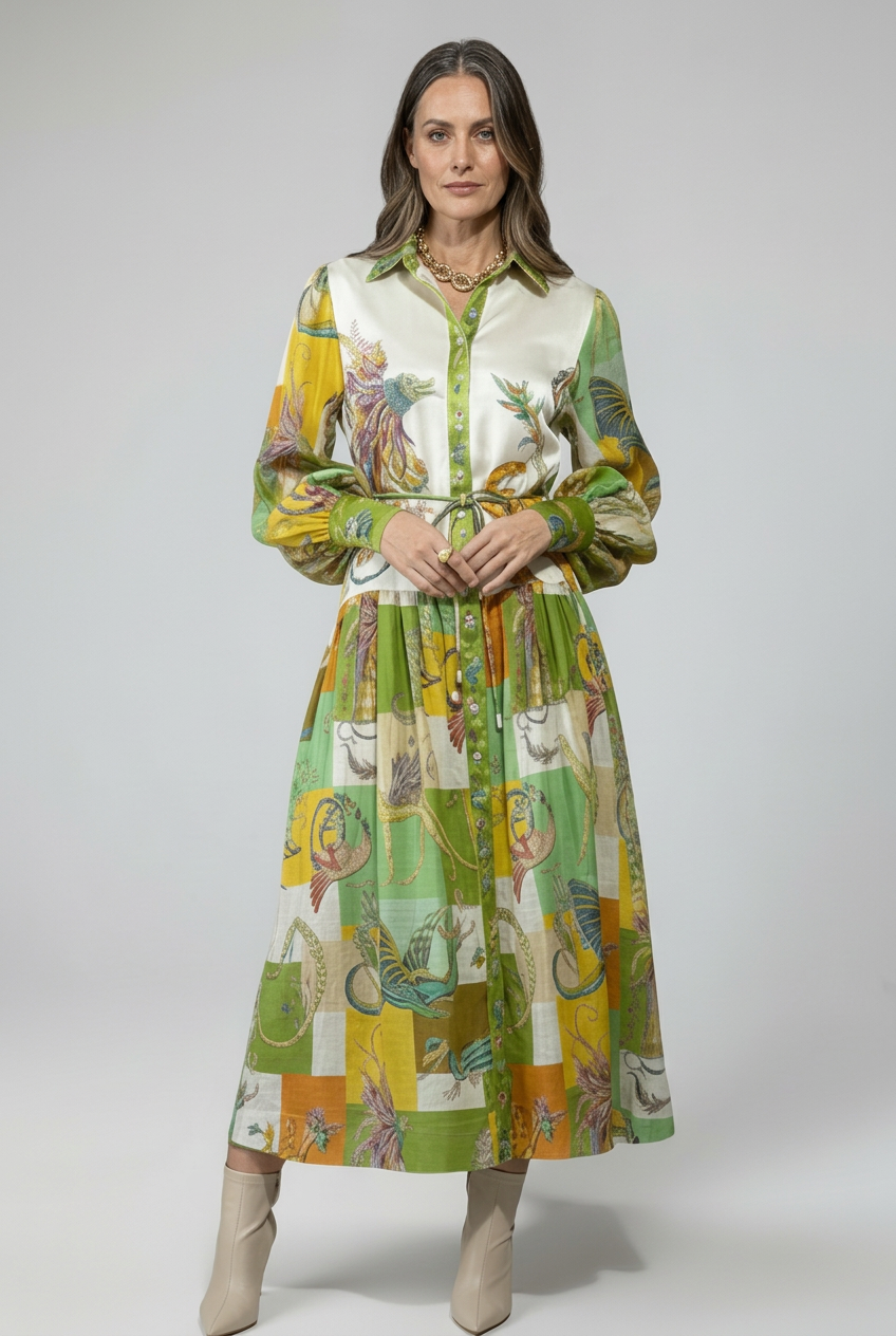 Printed Maxi Dress with V Neck and Long Sleeves