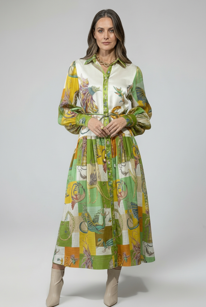Printed Maxi Dress with V Neck and Long Sleeves