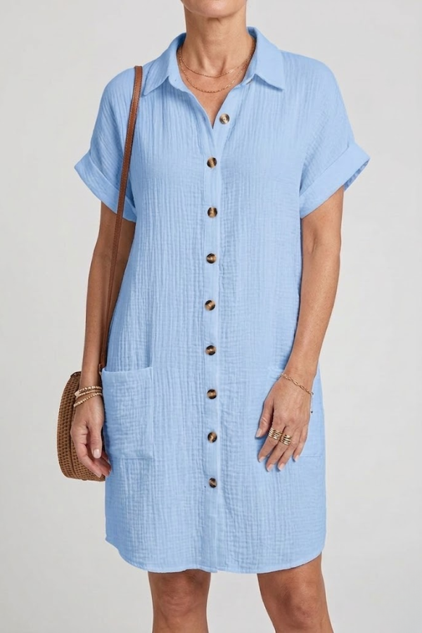 V Neck Mini Dress Three Quarter Sleeve Cotton Linen Blend