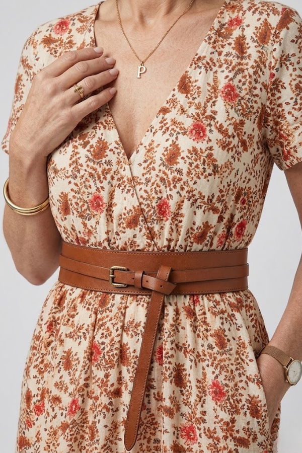 Floral Pleated Midi Dress V Neck Puff Sleeve Belted