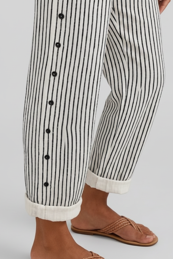 Womens Striped Wide Leg Trousers Button Detail Relaxed Fit