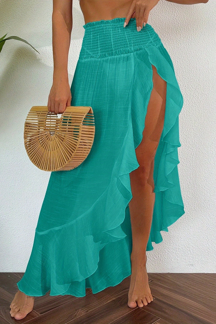 High Slit Maxi Skirt with Ruffle Trim and Elastic Waist for Beach Vacation