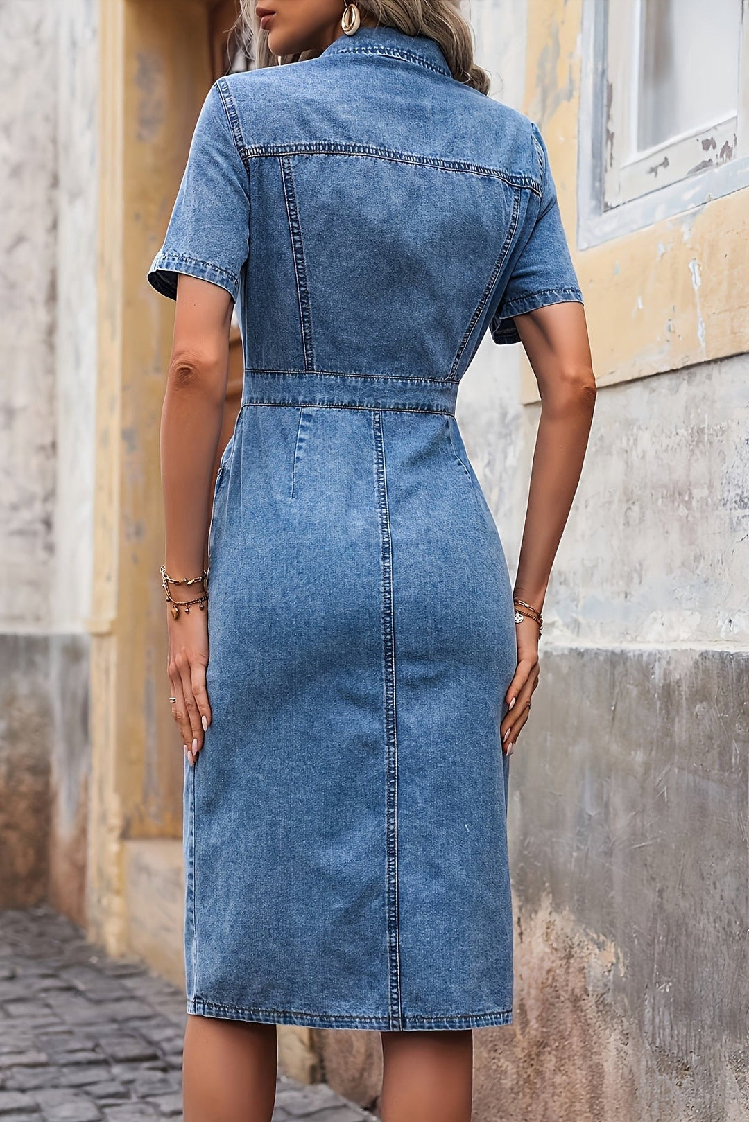 Denim Midi Dress with Short Sleeves and Button Front for Summer