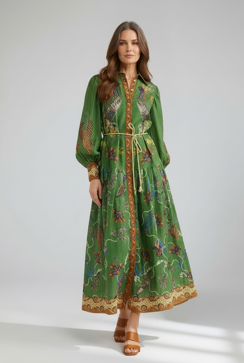 Printed Maxi Dress with V Neck and Long Sleeves