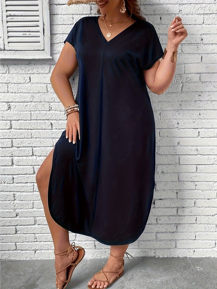 V Neck Plus Size Midi Dress with Short Sleeves for Casual Summer