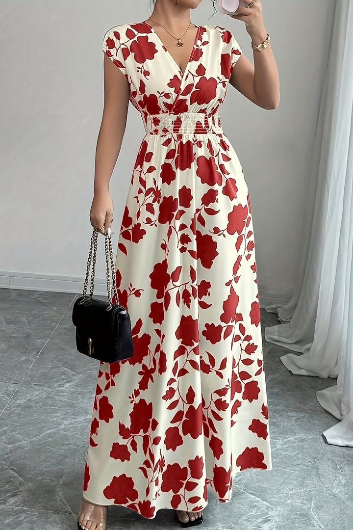 Cinched Waist Floral Maxi Dress with V Neck and Short Sleeves
