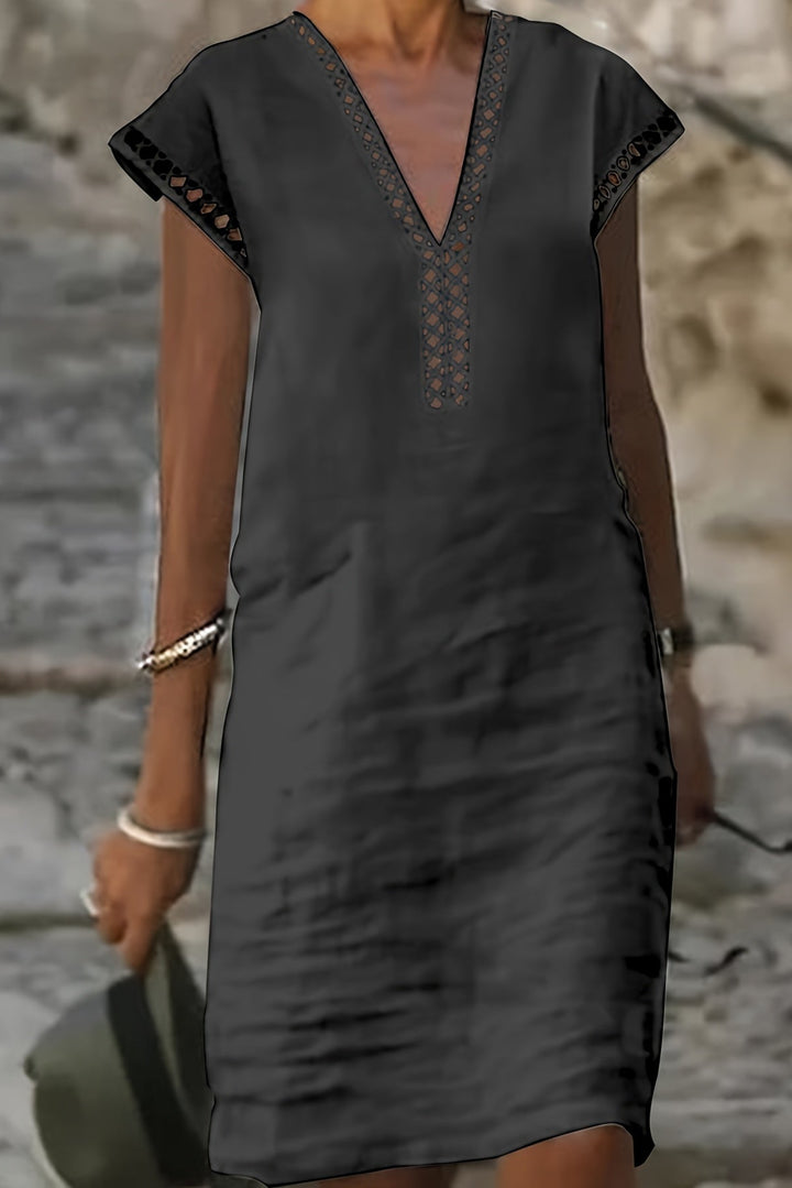 Lace Midi Dress with V Neck and Hollow Out Detail