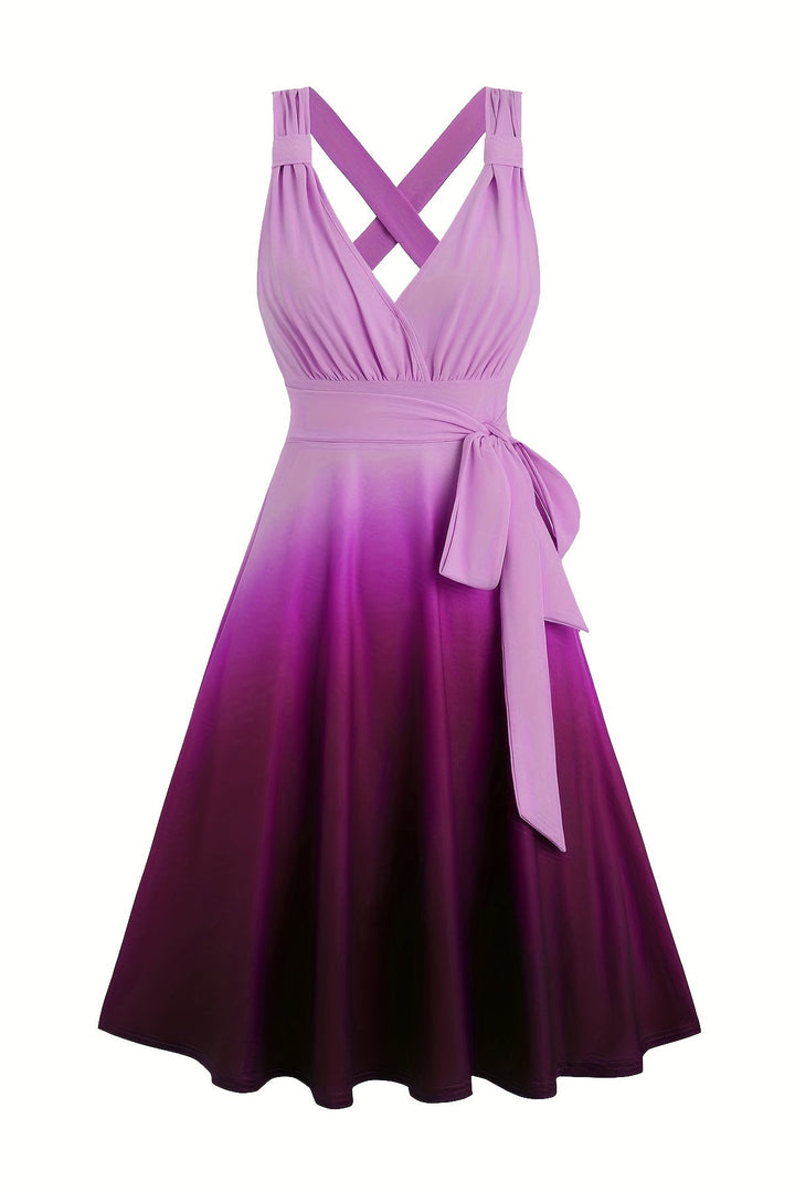 Gradient Print A Line Dress with V Neck and Ruched Bust