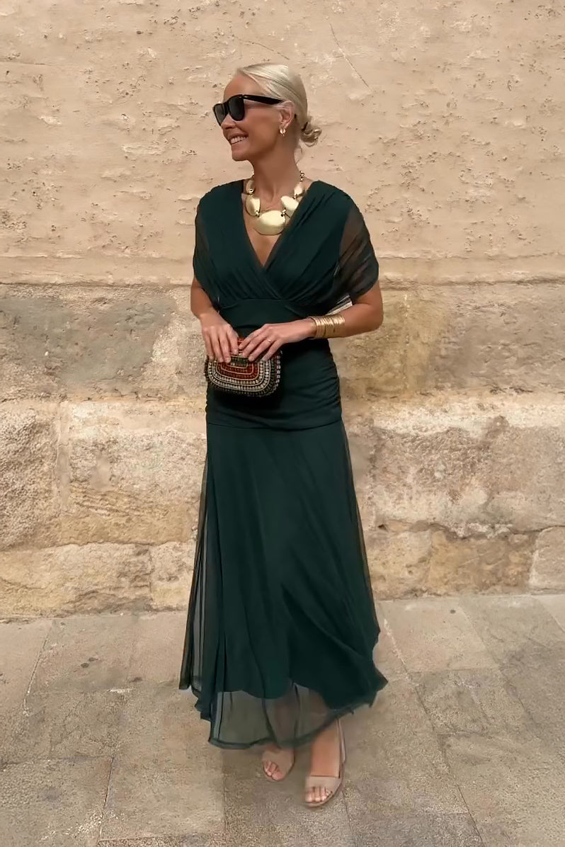 Elegant V-neck Fantasy Party Maxi Dress in Green