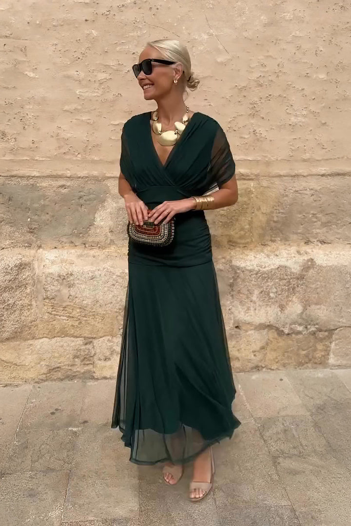 Elegant V-neck Fantasy Party Maxi Dress in Green