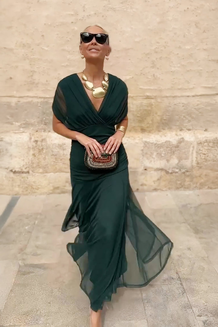 Elegant V-neck Fantasy Party Maxi Dress in Green