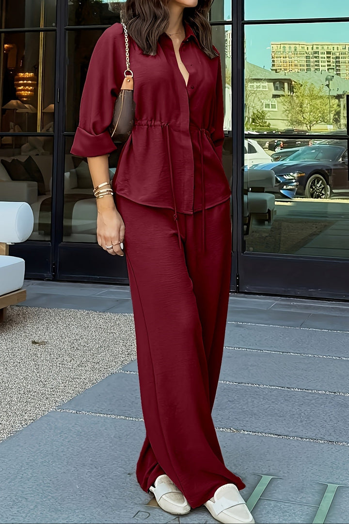 Drawstring Top and Wide Leg Pants Set for Women