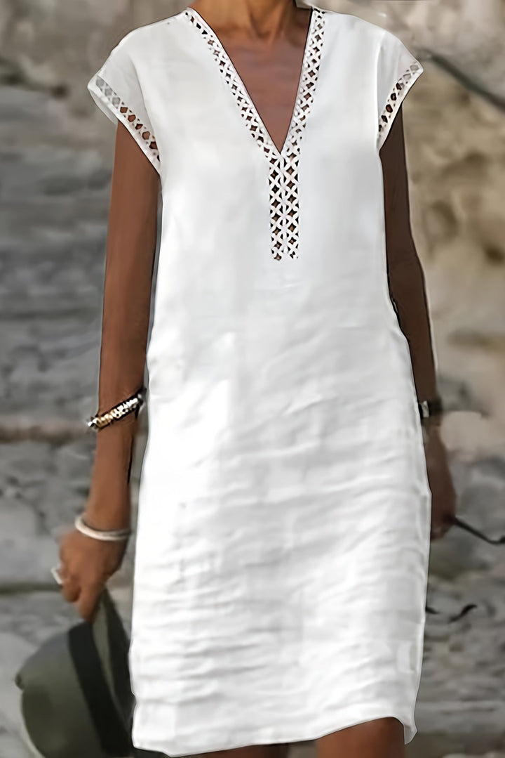 Lace Midi Dress with V Neck and Hollow Out Detail