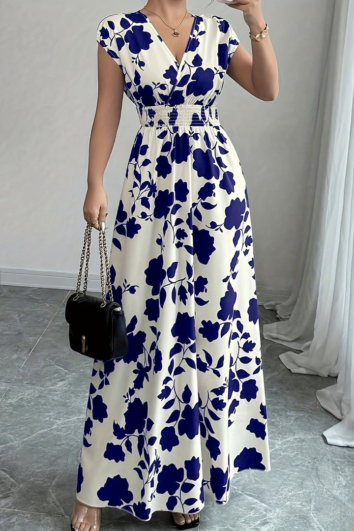 Cinched Waist Floral Maxi Dress with V Neck and Short Sleeves
