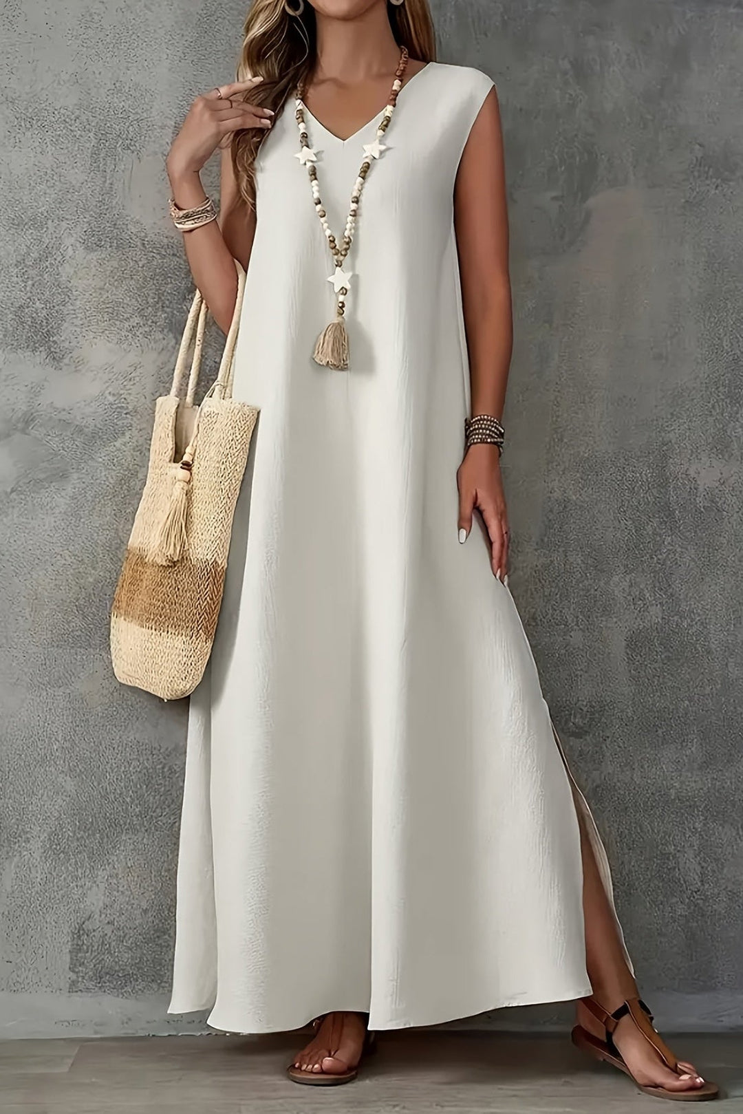 V Neck Sleeveless Maxi Dress with A Line Cut for Summer Events