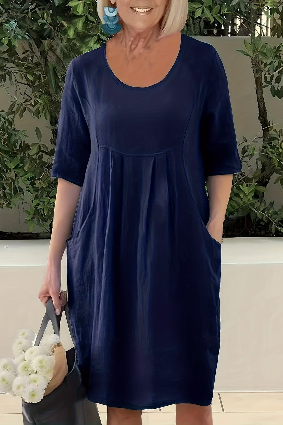 Round Neck Plus Size Midi Dress with Pockets and Half Sleeves for Summer