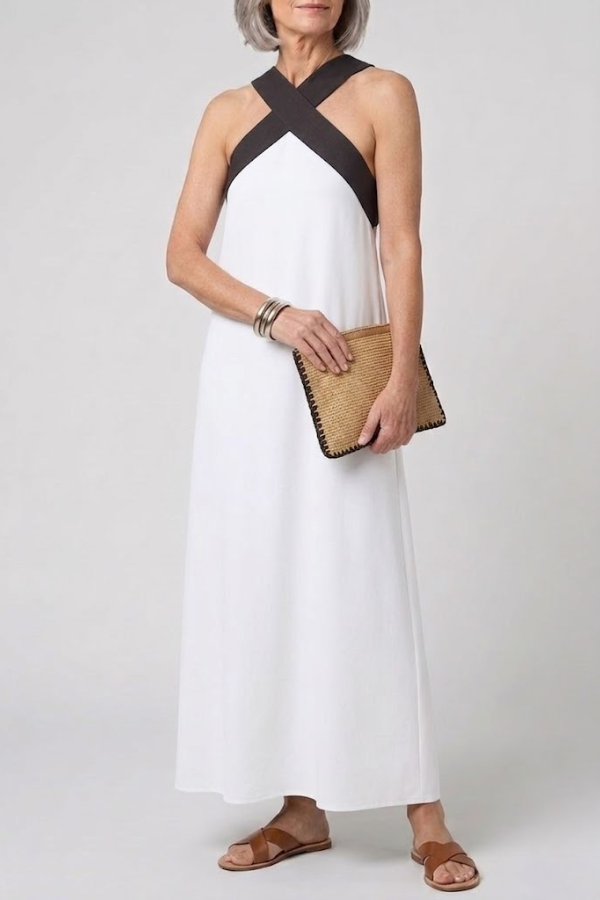 Crossed Front V Neck Maxi Dress Short Sleeve Breathable