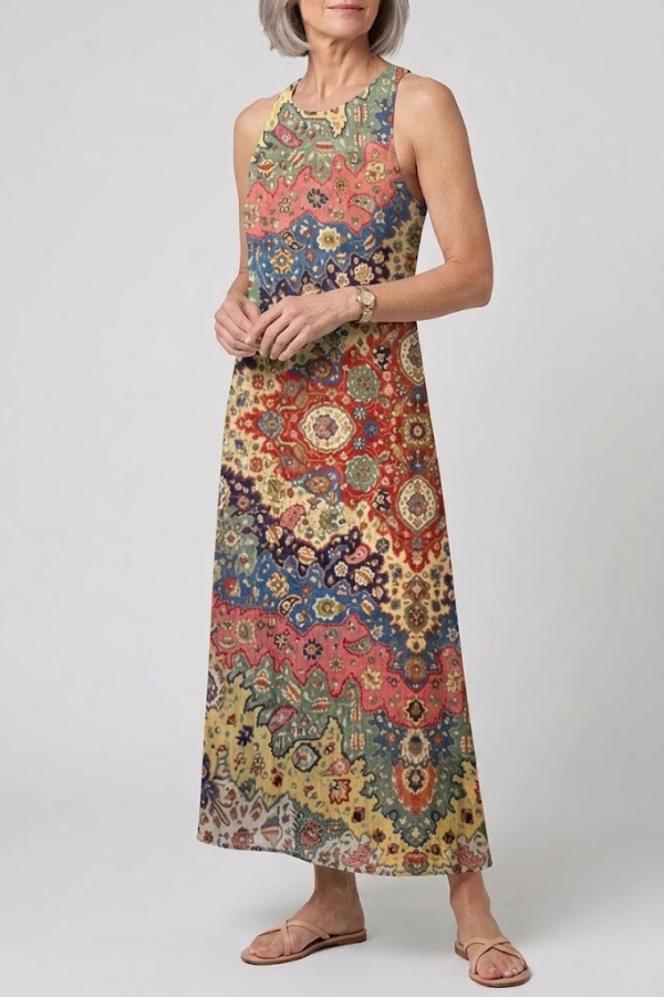 Bohemian Floral Midi Sundress Sleeveless With Pockets