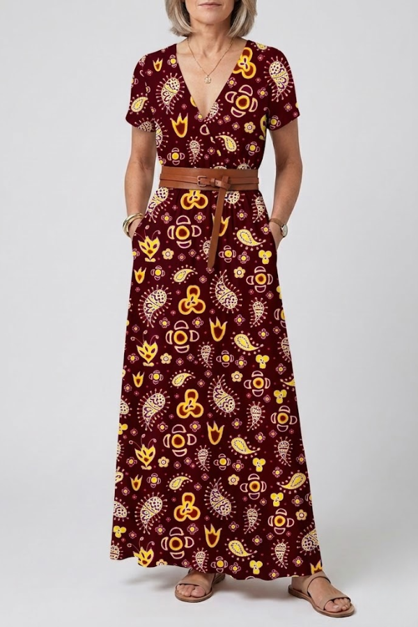 Floral Pleated Midi Dress V Neck Puff Sleeve Belted