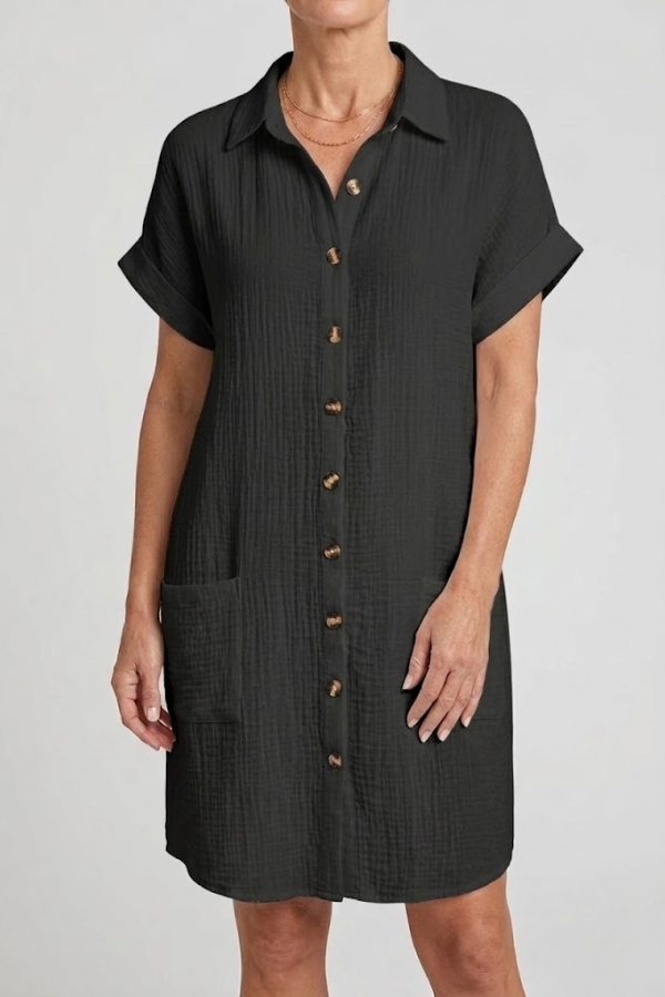 V Neck Mini Dress Three Quarter Sleeve Cotton Linen Blend