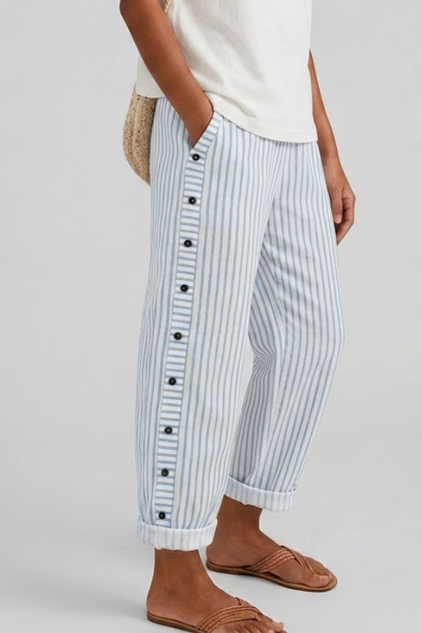 Womens Striped Wide Leg Trousers Button Detail Relaxed Fit