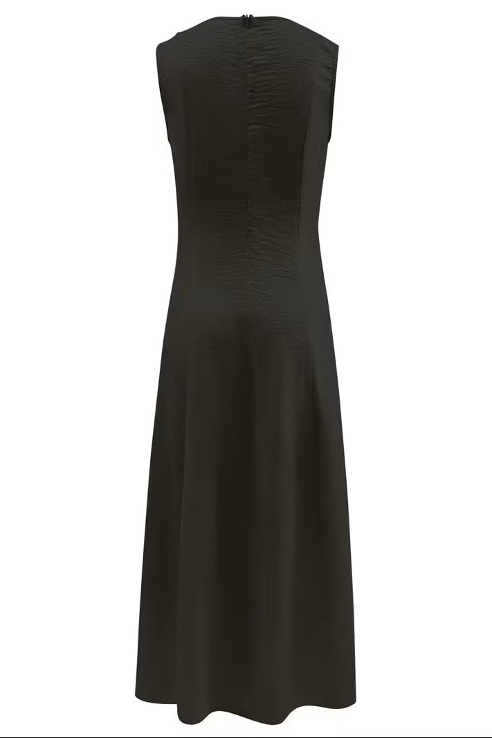 Ruched Sleeveless A Line Midi Dress with Crew Neck for Summer