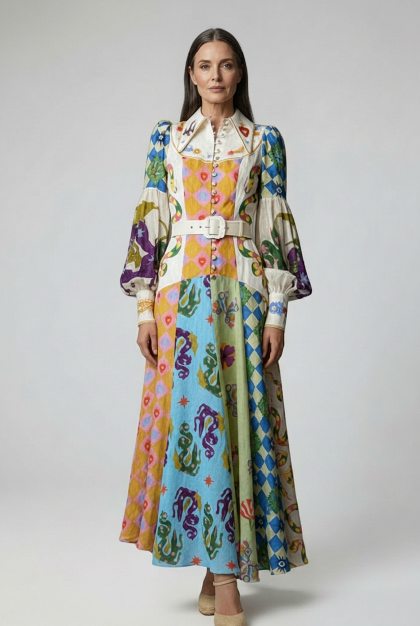Printed Maxi Dress with V Neck and Long Sleeves