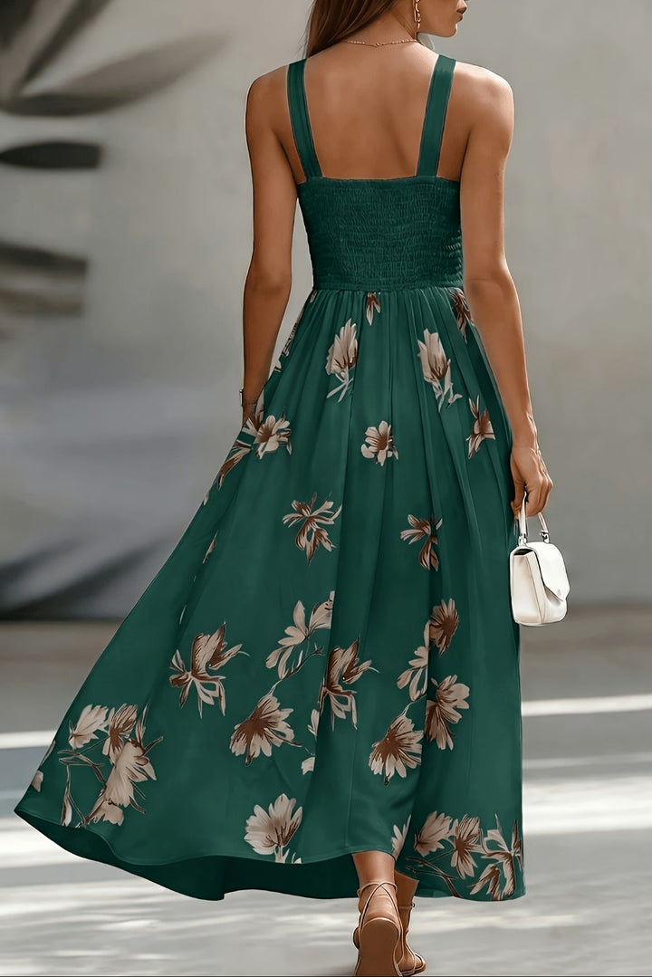 Shirred Midi Dress with V Neck and Cinched Waist