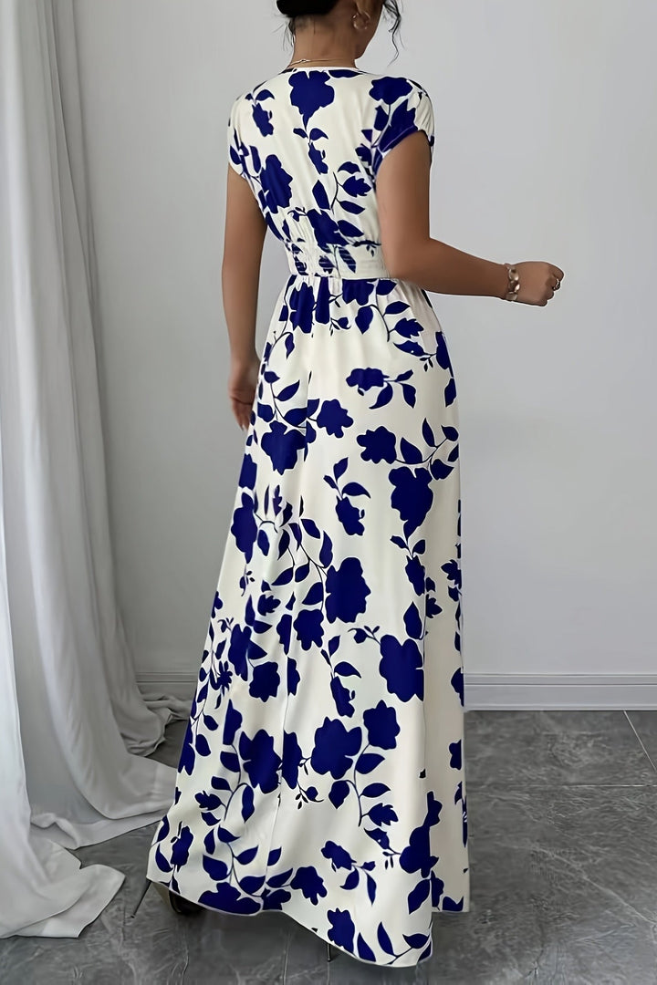 Leaf Print Maxi Dress with V Neck and Flared Skirt for Summer