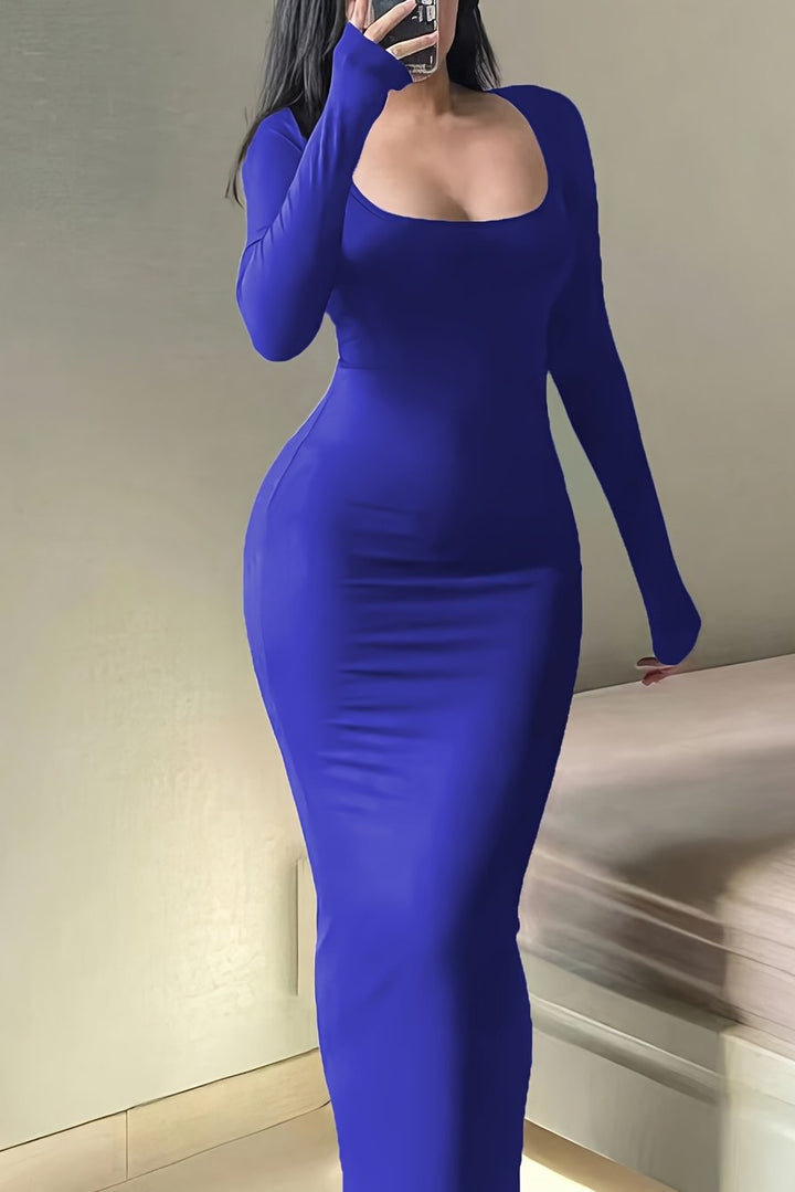 Square Neck Maxi Dress with Long Sleeves and Bodycon Fit