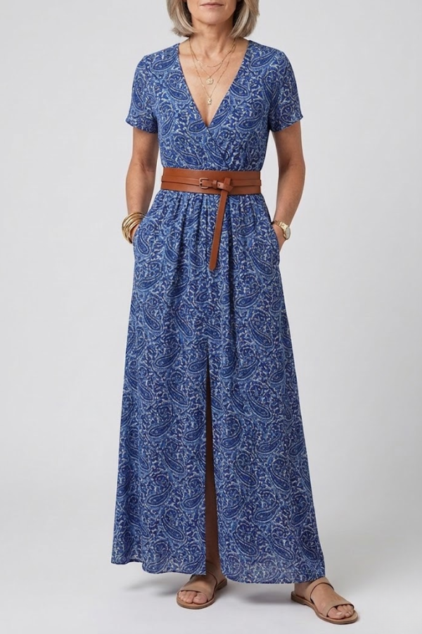 Floral Pleated Midi Dress V Neck Puff Sleeve Belted