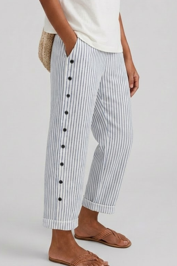 Womens Striped Wide Leg Trousers Button Detail Relaxed Fit