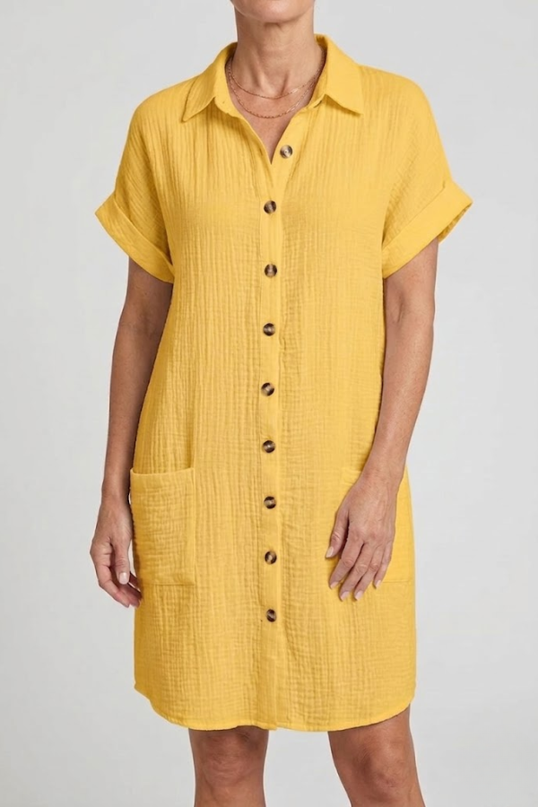 V Neck Mini Dress Three Quarter Sleeve Cotton Linen Blend