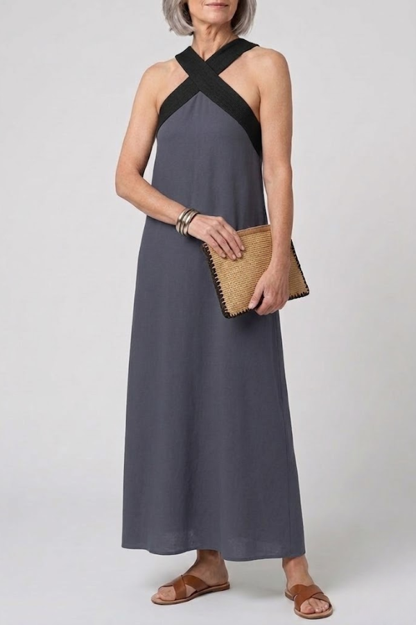 Crossed Front V Neck Maxi Dress Short Sleeve Breathable