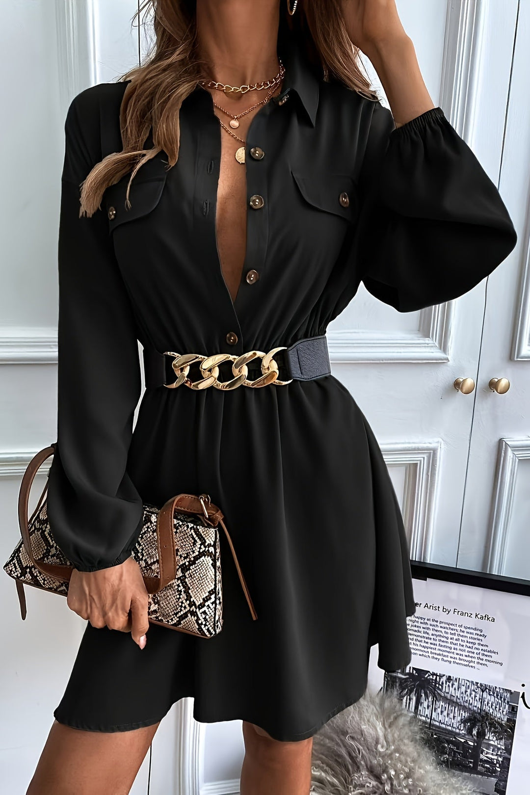 Button Front Midi Shirt Dress with Puff Sleeves and A-Line Cut
