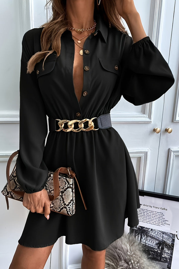 Button Front Midi Shirt Dress with Puff Sleeves and A-Line Cut