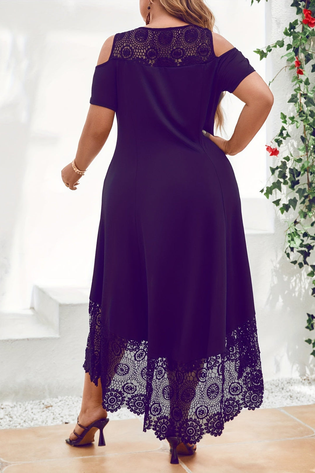 Plus Size Off Shoulder Dress with Lace Panel and Asymmetrical Hem