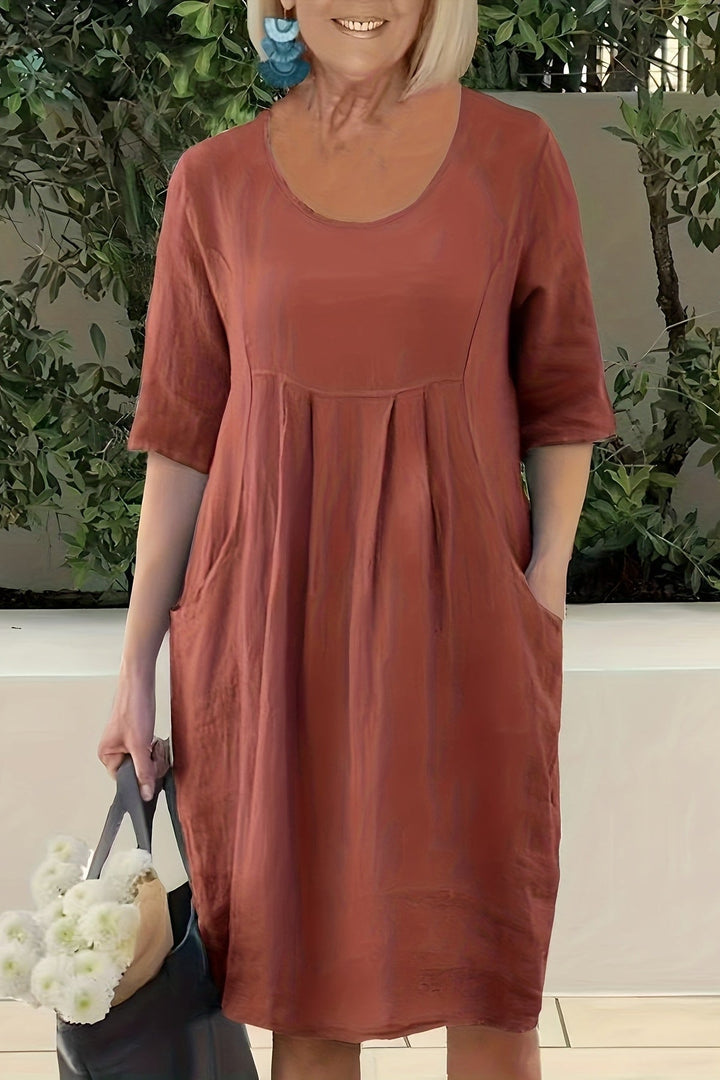 Round Neck Plus Size Midi Dress with Pockets and Half Sleeves for Summer