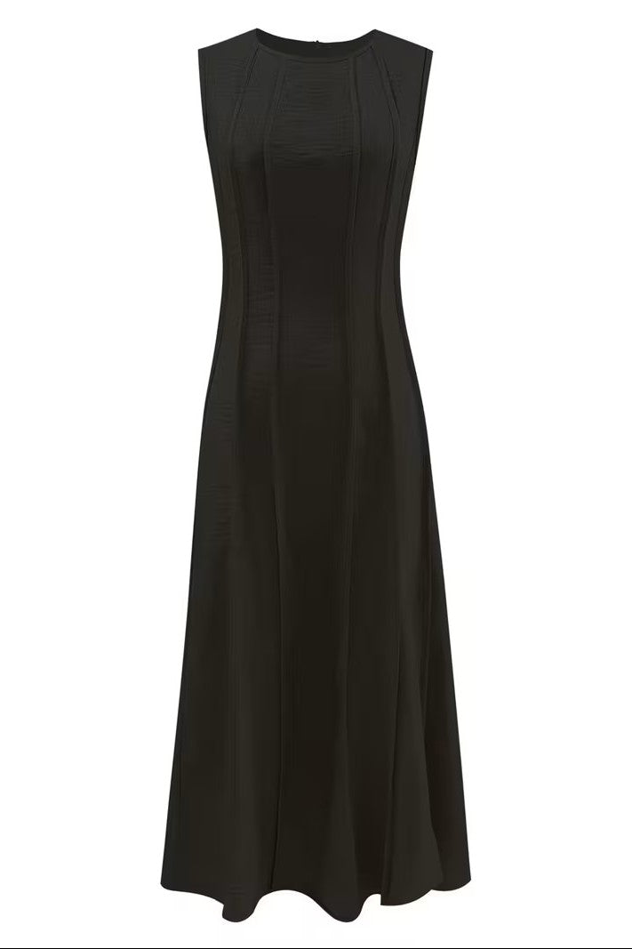 Ruched Sleeveless A Line Midi Dress with Crew Neck for Summer