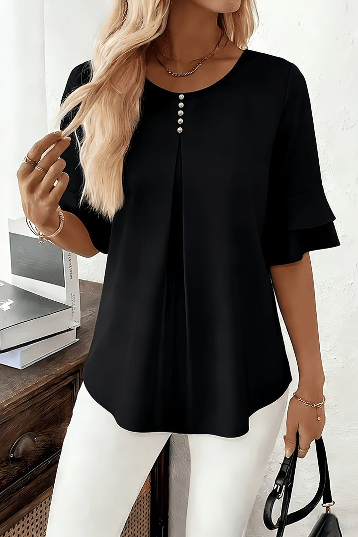 Ruffle Trim Button Up Top with Flared Sleeves and Round Neck for Women