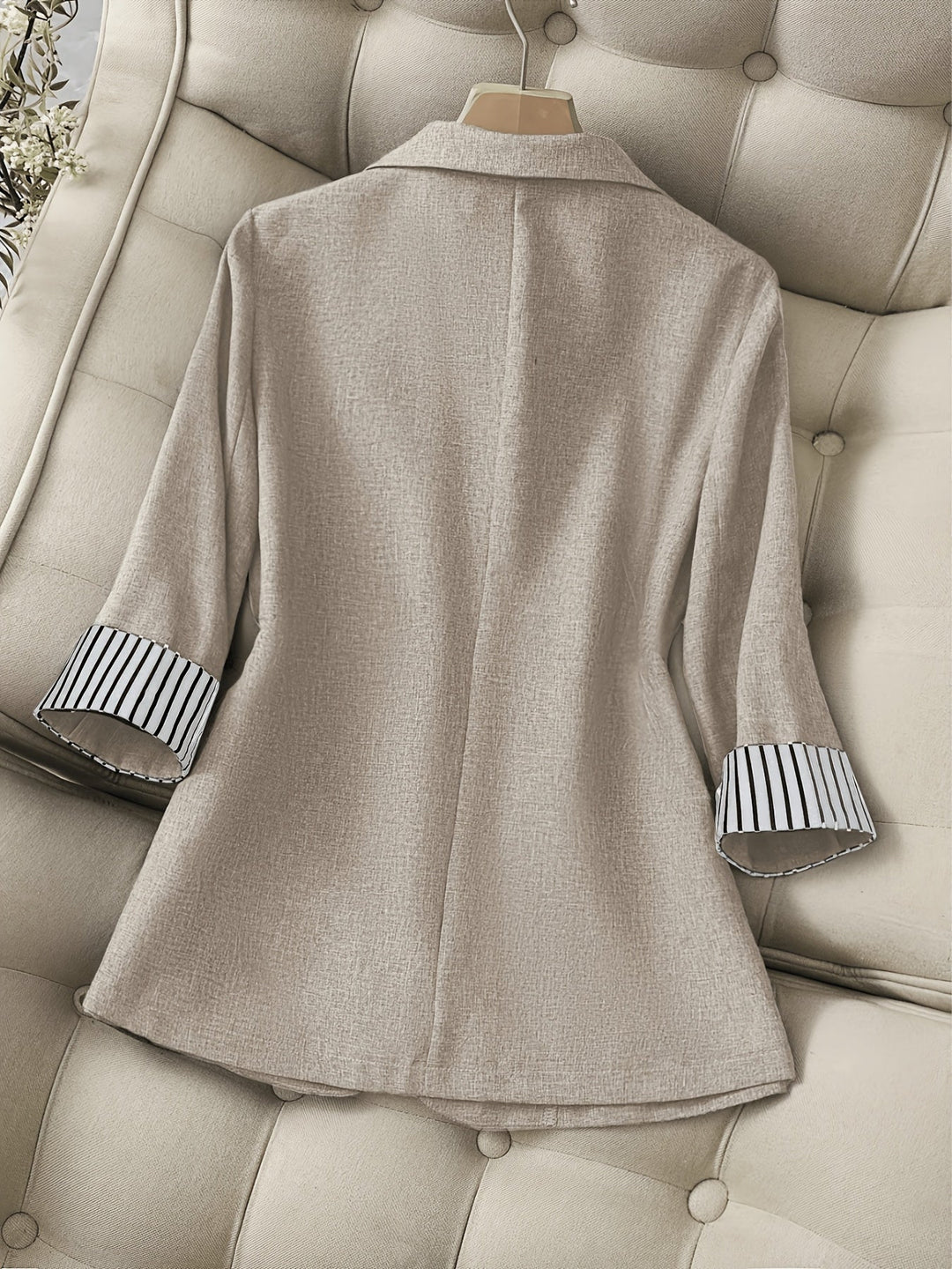Patchwork Lapel Blazer with Single Button and Three Quarter Sleeves for Women