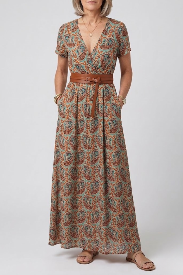 Floral Pleated Midi Dress V Neck Puff Sleeve Belted