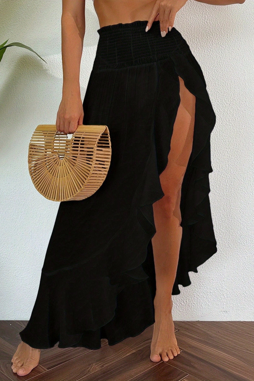 High Slit Maxi Skirt with Ruffle Trim and Elastic Waist for Beach Vacation