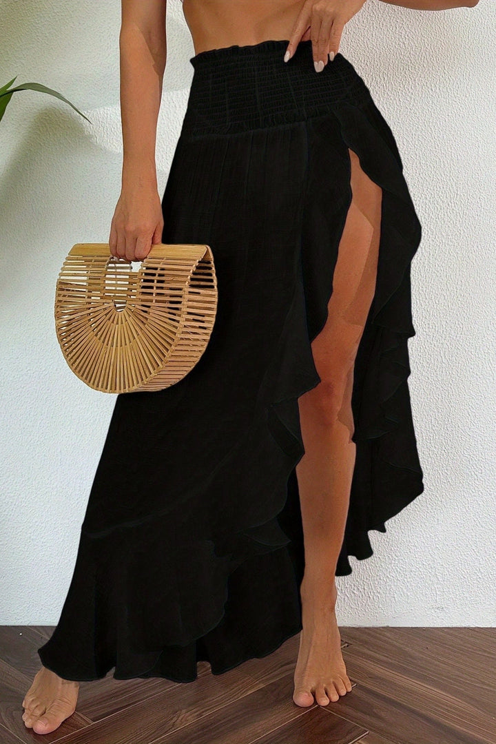 High Slit Maxi Skirt with Ruffle Trim and Elastic Waist for Beach Vacation