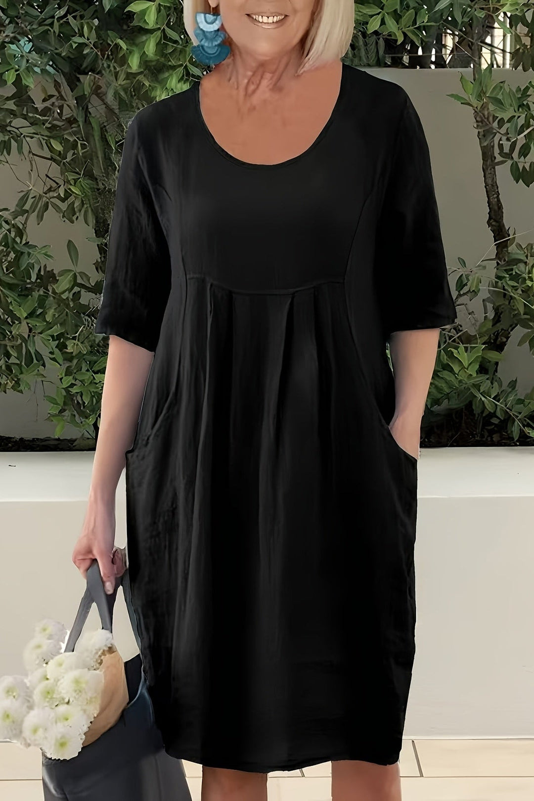 Round Neck Plus Size Midi Dress with Pockets and Half Sleeves for Summer