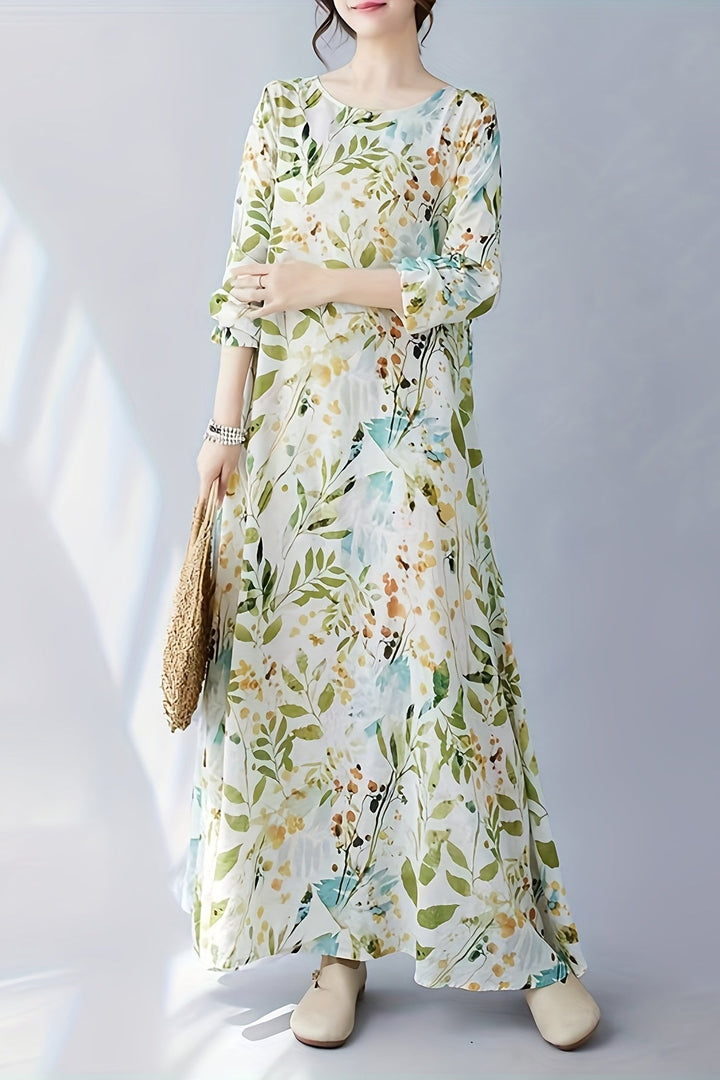 Floral Print Midi Dress with Long Sleeves and Round Neck