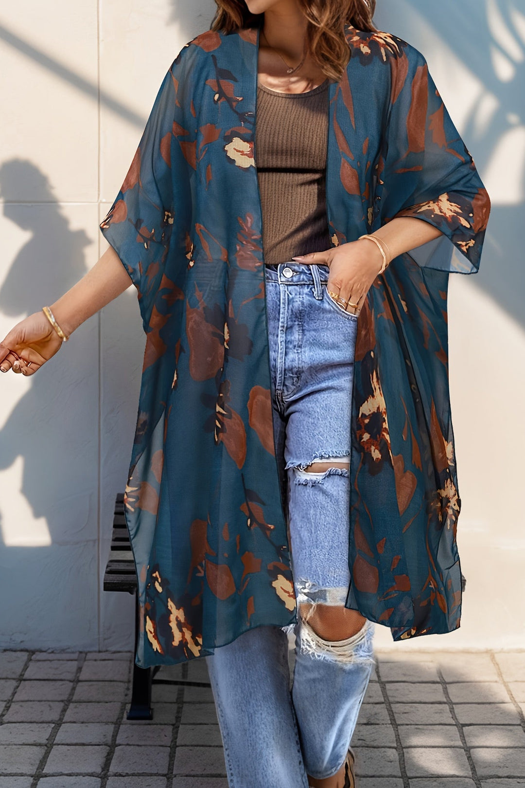 Plus Size Kimono Cardigan with Open Front and Side Slits for Women
