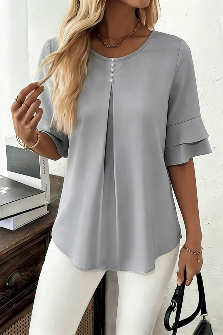 Ruffle Trim Button Up Top with Flared Sleeves and Round Neck for Women