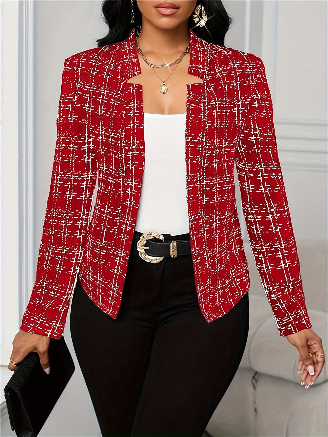 Plaid Blazer with a Structured Stand Collar for Women
