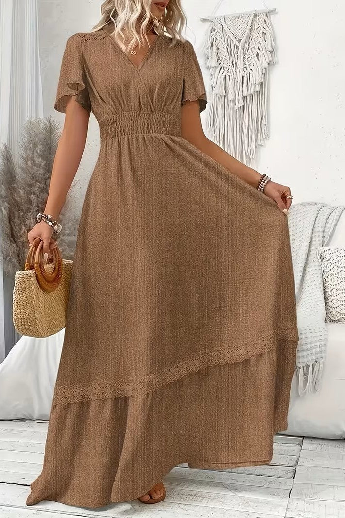 Lace Trim Maxi Dress with Gathered Waist and V Neck